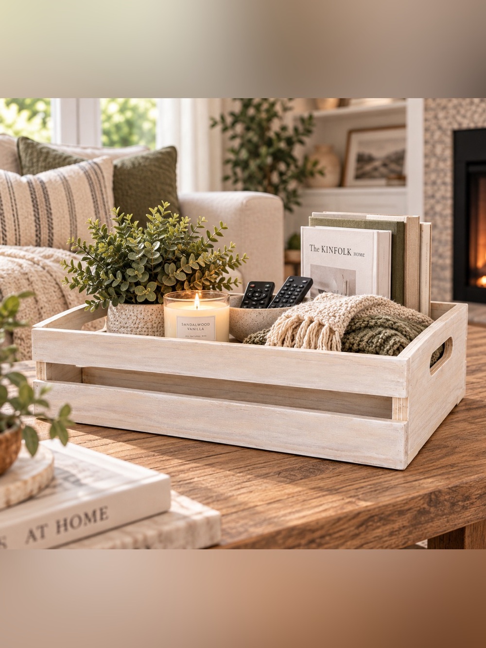 Whitewashed Wood Crate Farmhouse Decor Storage Basket
